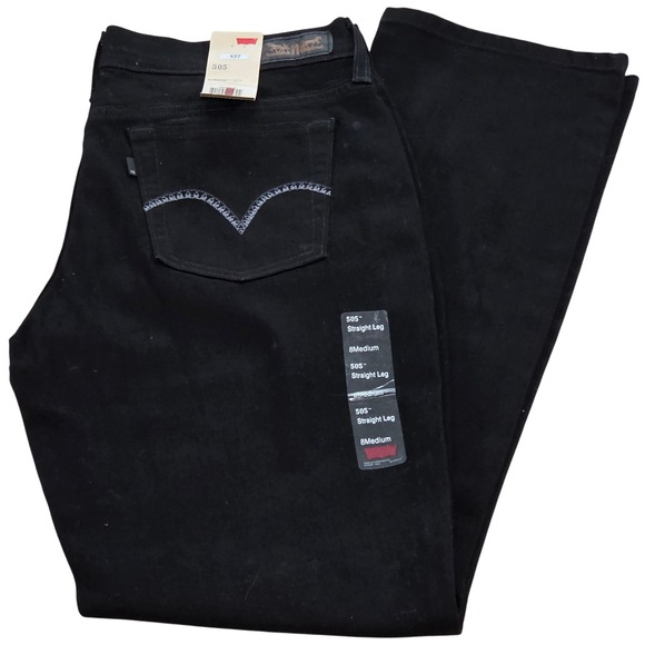 NWT Levi's 505 Straight Leg Black Denim Jeans Womens 8M 29x32 Accent Stitching - Picture 1 of 13